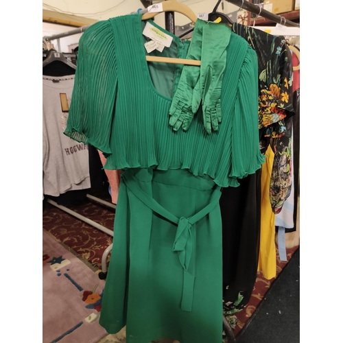 665 - Gorgeous Vintage Sid Greene of London emerald green dress with matching long satin gloves. Size 16