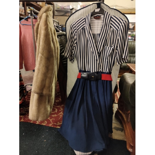 671 - 1980's retro original Nicki Ferrari dress with blue and white striped top, blue skirt and red belt. ... 