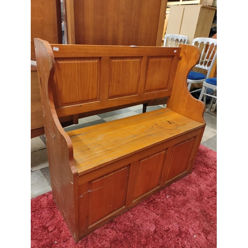 696 - Lovely child's pew bench, with storage cupboard below the seat.