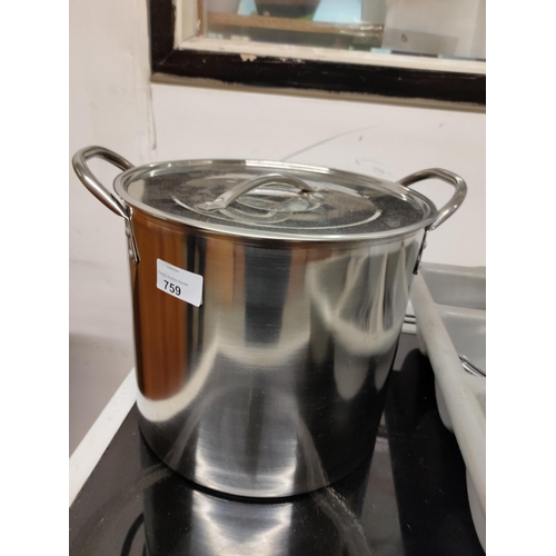 759 - Large stainless steel stock pot.