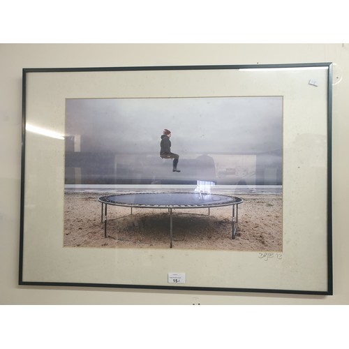 15A - Lovely signed framed photo of person on trampoline at Beach