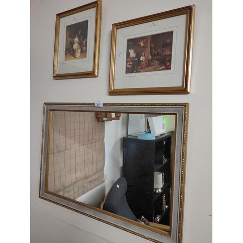 277 - 2 framed prints showing vintage scenes, plus  rather lovely framed mirror, approx 66 x 46cm