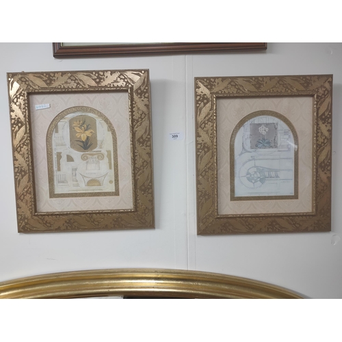 309 - Pair of stylish prints with an architectural feel in beautiful carved frames