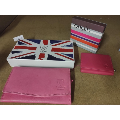 360 - Beautiful pink leather purse by J Wilson of London, also smaller darker pink purse by origin