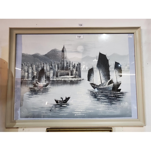 1197 - Stunning grey scale picture * of an oriental town with boats at front.