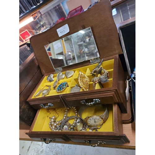 165 - Very nice wooden jewellery box complete with a lovely selection of costume jewellery, including watc... 