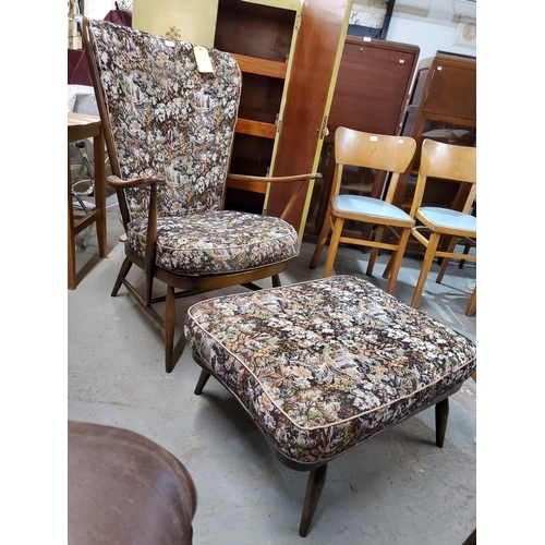 382 - Ercol Windsor 478 armchair and footstool upholstered in Evergreen tapestry fabric. 
Size in inches -... 