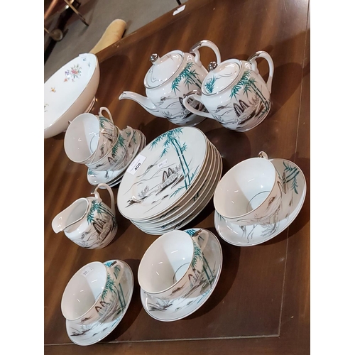 408 - Completely stunning Chinese inspired tea set for 6 with bright silver and teal decoration, including... 