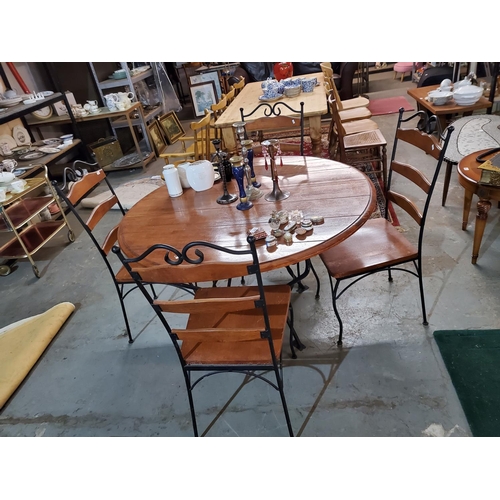 415 - Very elegant wooden framed circular dining table with 4 matching chairs that have ornate metal decor... 