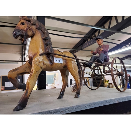 433 - Charming large figurine of a man driving a horse and cart. The man and horse are carved in wood and ... 