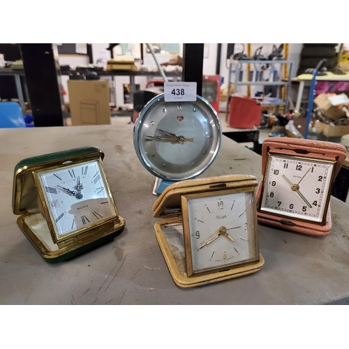 438 - Lovely vintage collection of clocks, 3 collapsible travel clocks and a cute pale blue retro table cl... 