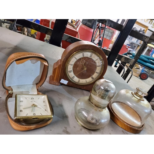 441 - Lovely mix of vintage objects including mini glass cloche with wood base, retro travel clock and lov... 