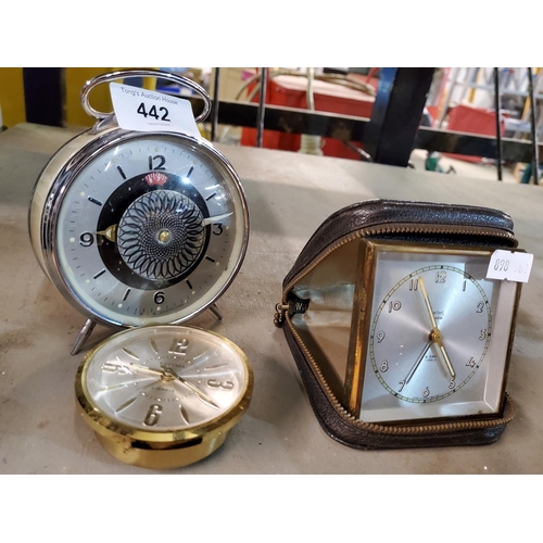 442 - Really nice collection of retro clocks, including wind up alarm clock in pale yellow metal, a compac... 