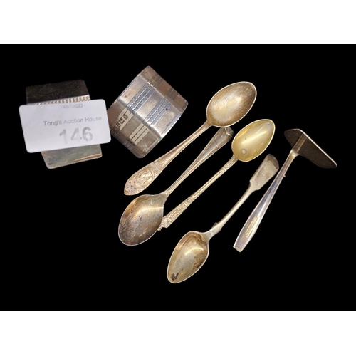 146 - Collection of silver and plate items, including spoons and napkin rings