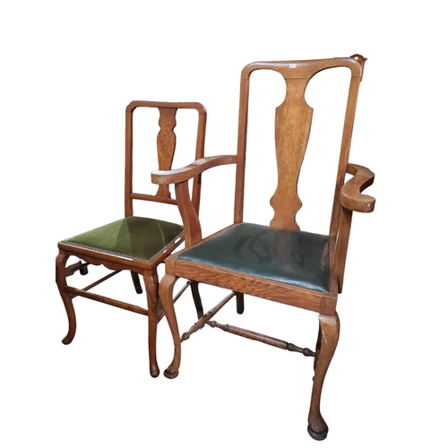 337 - Two chairs in lot 337.
Queen Anne oak fireside armchair/dining chair.
Green leatherette seat pad, ca... 