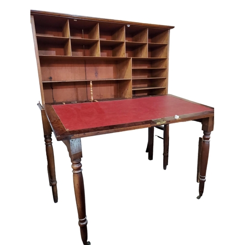 345 - Antique oak secretaire with country estate office pigeon holes and writing slope with burgundy faux ... 