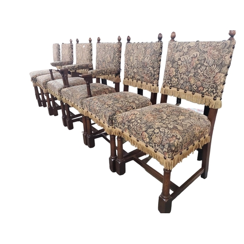 348 - Set of six mahogany dining chairs. Two armchairs, four side chairs all with gold coloured flower des... 