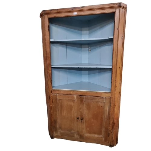 365 - Large pine corner farmhouse cupboard.
Approx size in inches 73 (H) x 46 (W) x 20 (D). 
Two open shel... 