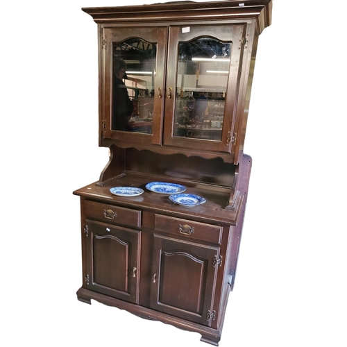 388 - Gorgeous 2 piece dark wood dresser, display unit on top with glass doors, and double cupboard storag... 