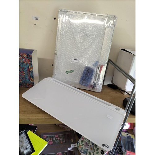 1391 - Brand new white board with markers and eraser together with a sloped glass topped writing/painting s... 