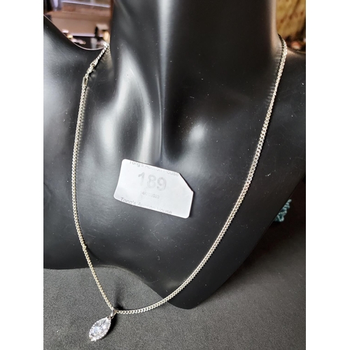 189 - Really pretty white metal pendant necklace with diamante drop