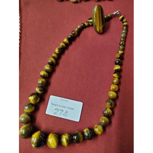 274 - Vintage beautiful Tiger's Eye necklace and ring in excellent condition