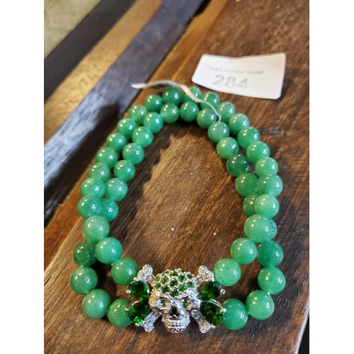 284 - Fabulous 925 Silver and green garnet gemstone skull with round jade gemstone double bracelets. A qui... 