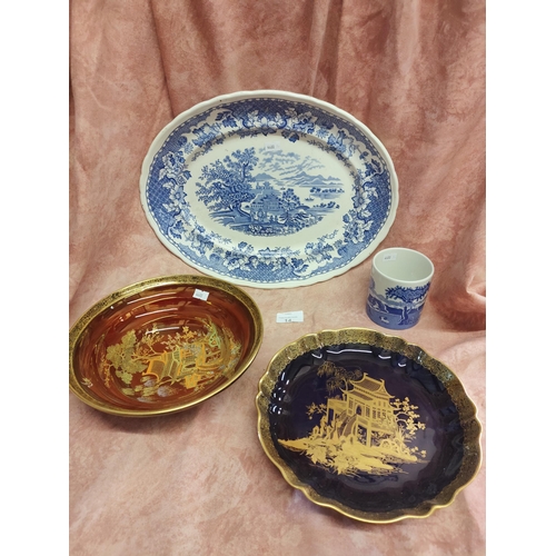 14 - Stunning collection of 3 Chinese inspired plates together with a blue and white beaker