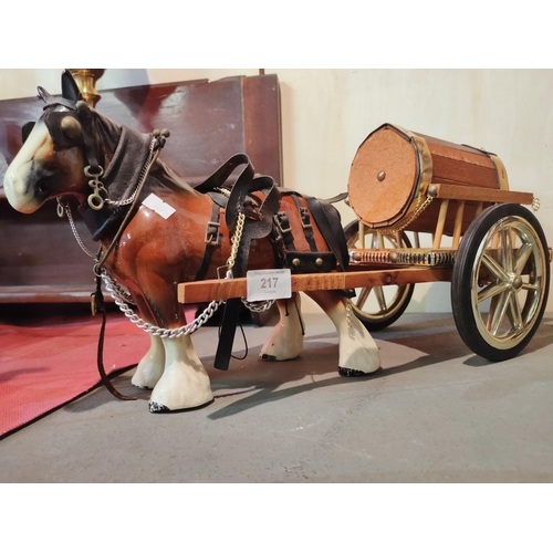 217 - Large working shire horse with wooden cart brass decoration 21'' long