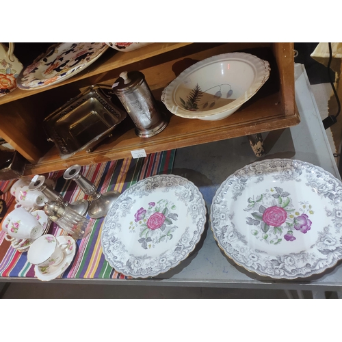 251 - Large collection of items including Spode plates, plated ware part Tuscan tea set