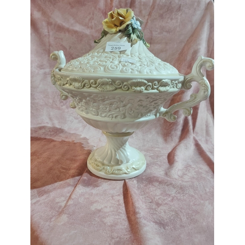 259 - Gorgeous Italian ceramics lidded ornate urn vase with lid which has a lovely floral decoration