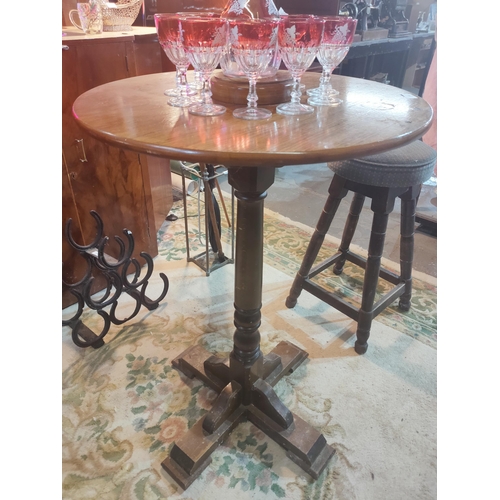 266 - Lovely round wooden bar table with raised wooden shelf to centre
