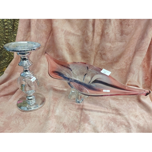 29 - Stunning decorative wide delicate pink glass bowl together with glass candle holder