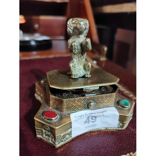 49 - Charming lidded brass inkwell decorated with a model of a begging dog. Decorated with coloured stone... 