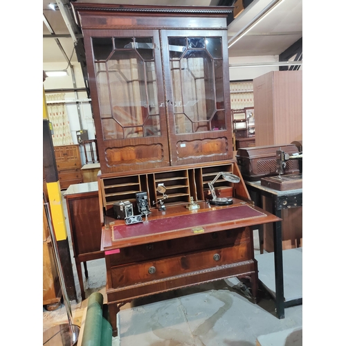 50 - Very elegant antique glazed door dresser with fold out writing desk and 4 lower drawers