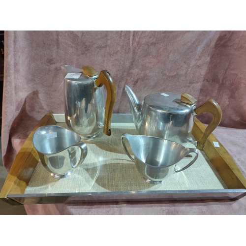 59 - Lovely retro Picquot Ware tea and coffee set complete with tray, milk jug and sugar bowl with handle... 