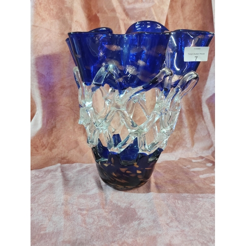 7 - Beautiful Large handkerchief wavy blue and clear glass open work decorative vase