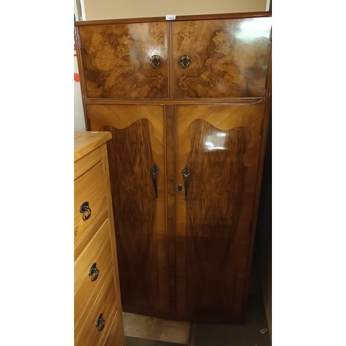 1010 - Gorgeous walnut gent's wardrobe made by Morris of London with double doors opening to top cupboard w... 