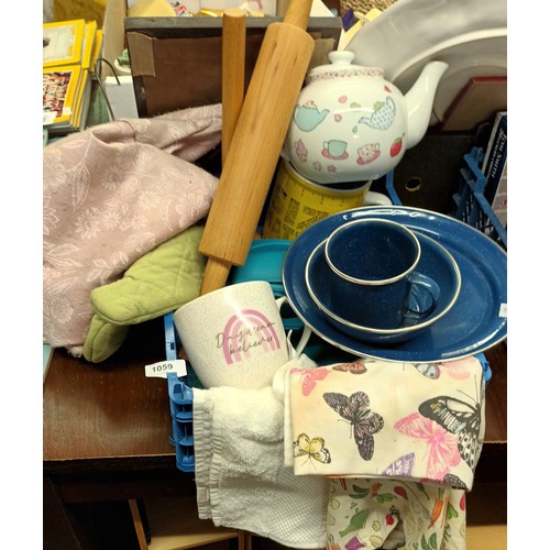 1059 - Decorative kitchenalia assortment including enamel cup, bowl and plate, oversized mug, pretty teapot... 