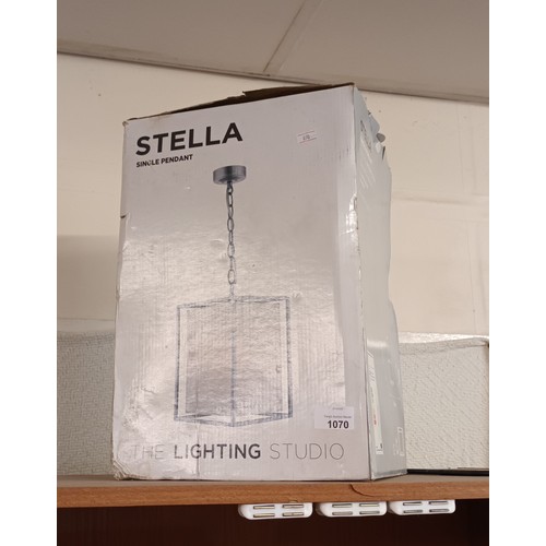 1070 - Lovely boxed Lighting Studio Stella single pendant light with metal frame and linen shade