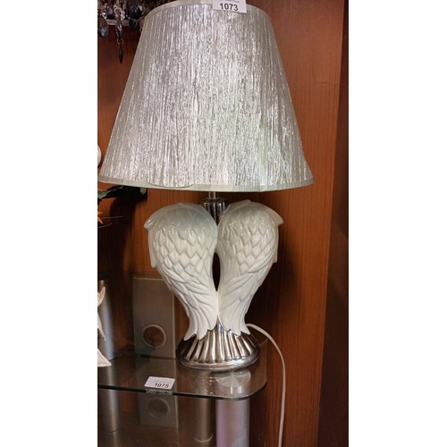 1073 - As new Stylish lamp with ceramic angel wing base and silver fabric shade