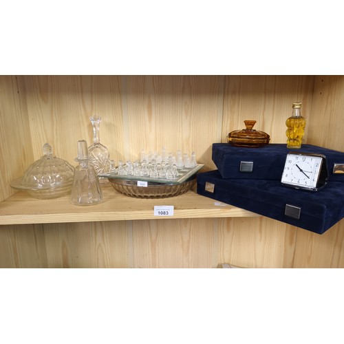 1083 - Lovely glass and mirror chess set together with lovely glass bottles and dishes with 2 padded collec... 