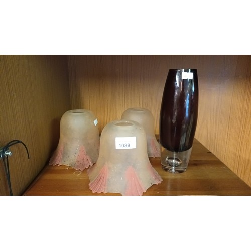 1089 - 3 lovely glass light shades together with a coloured glass vase