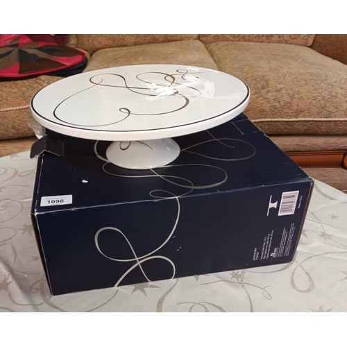 1098 - Lovely Micasa boxed white ceramic cake stand with silver painted detail