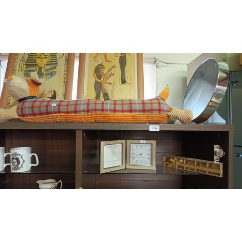 1106 - Fun fabric draught excluder in the shape of a sausage dog together with a Laura Ashley clock picture... 