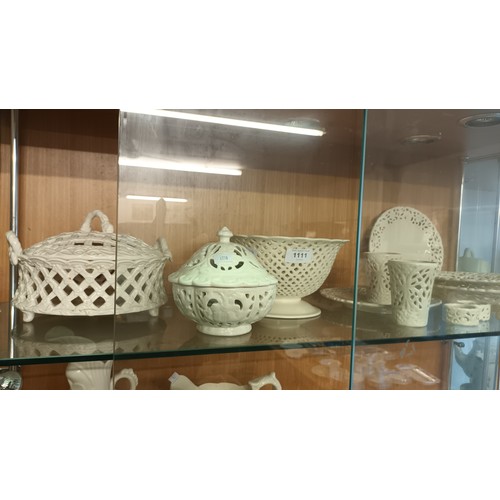 1111 - Gorgeous open work cream ceramics,  including 2 covered dishes, bowls, plates, cups and napkin holde... 