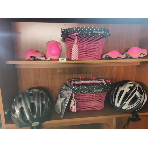 178 - SELECTION OF PROTECTIVE CYCLE GEAR INCLUDING HELMETS AND KNEE AND ELBOW PROTECTORS. ALSO COMES WITH ... 