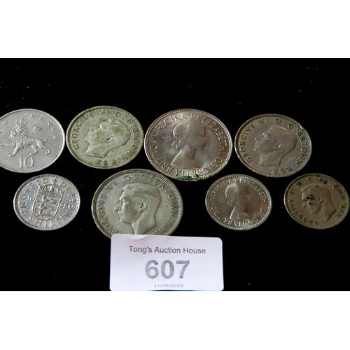 607 - Interesting mid century collection of silver coins including half crowns from 1944 and 1955