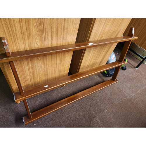 1136 - 3 shelf wooden display unit approx 105cm wide, 60cm high and a max of 7cm deep