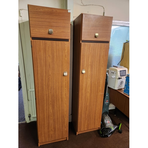 1137 - 2 contemporary teak coloured single wardrobes with top storage cupboard with lift up door